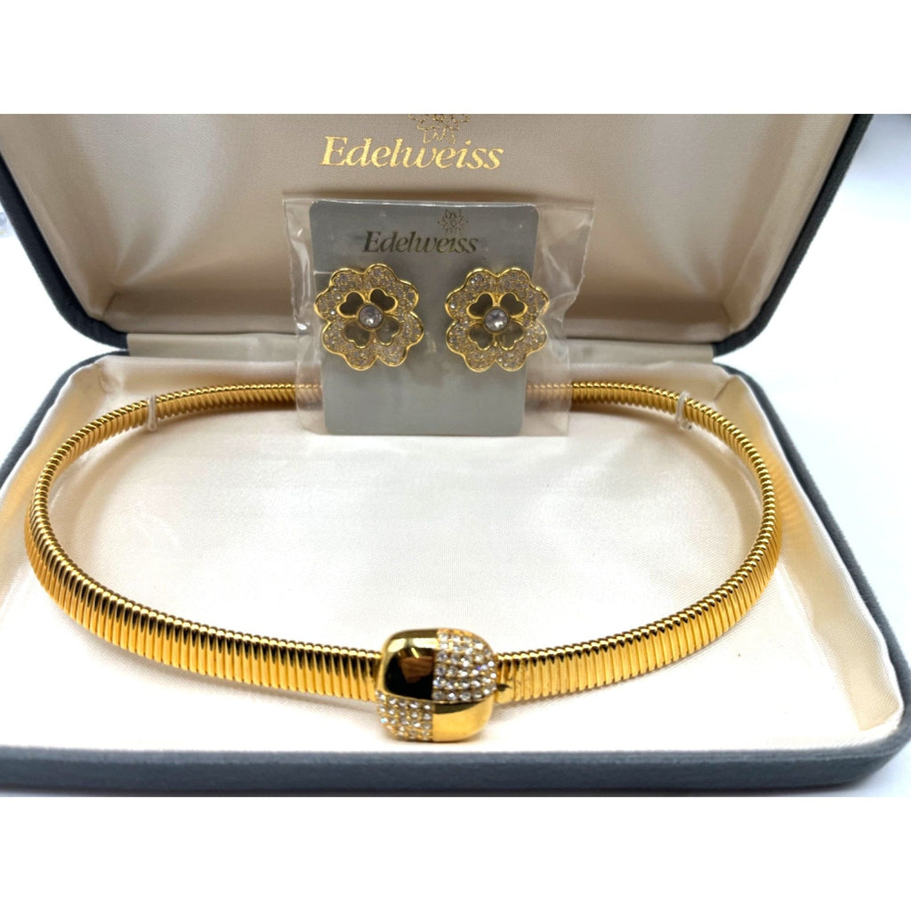 Edelweiss Gold Plated Choker  Necklace & Clip Earrings Set With Crystal Accents