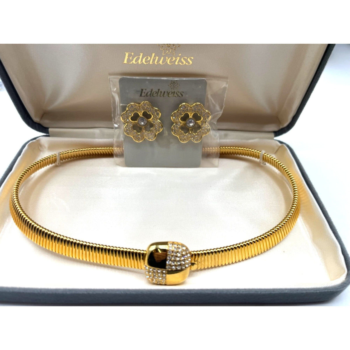Edelweiss Gold Plated Choker  Necklace & Clip Earrings Set With Crystal Accents