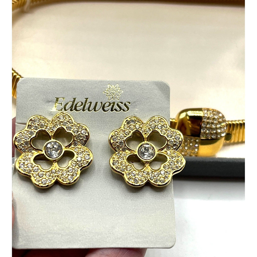 Edelweiss Gold Plated Choker  Necklace & Clip Earrings Set With Crystal Accents