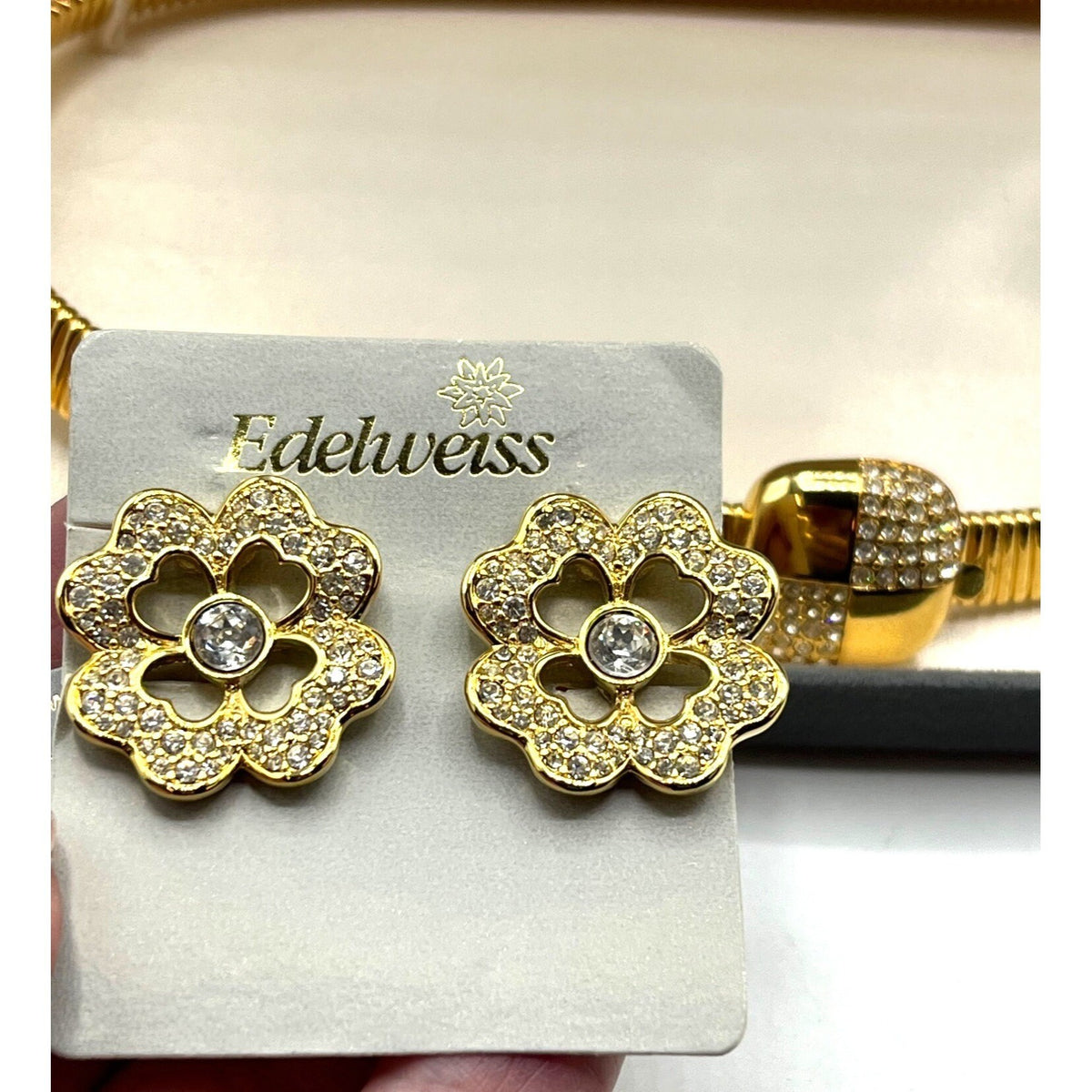 Edelweiss Gold Plated Choker  Necklace & Clip Earrings Set With Crystal Accents