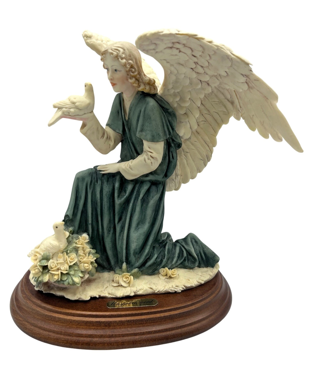 Vintage Angel "Unspoken Word" Figurine With Doves by A Belcari Signed On Wooden Base Made in Italy