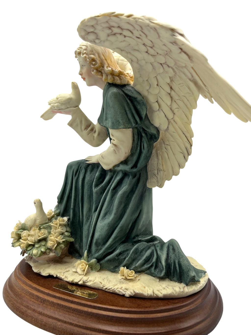 Vintage Angel "Unspoken Word" Figurine With Doves by A Belcari Signed On Wooden Base Made in Italy