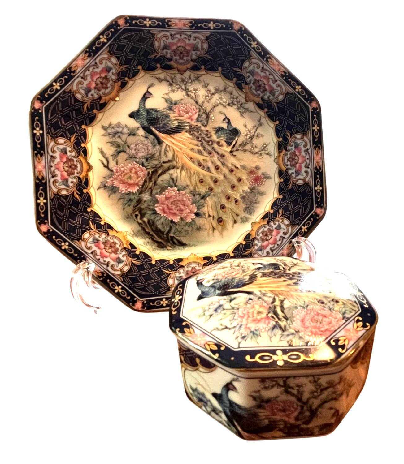 Japanese Seizan Gama Plate and Matching Trinket Box Octagon Shape w Peacocks and Flowers