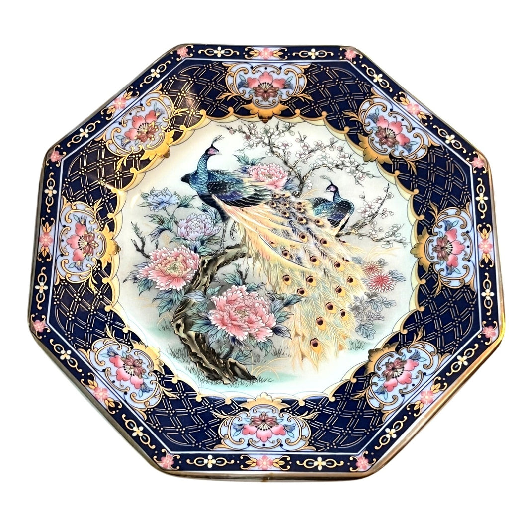 Japanese Seizan Gama Plate and Matching Trinket Box Octagon Shape w Peacocks and Flowers