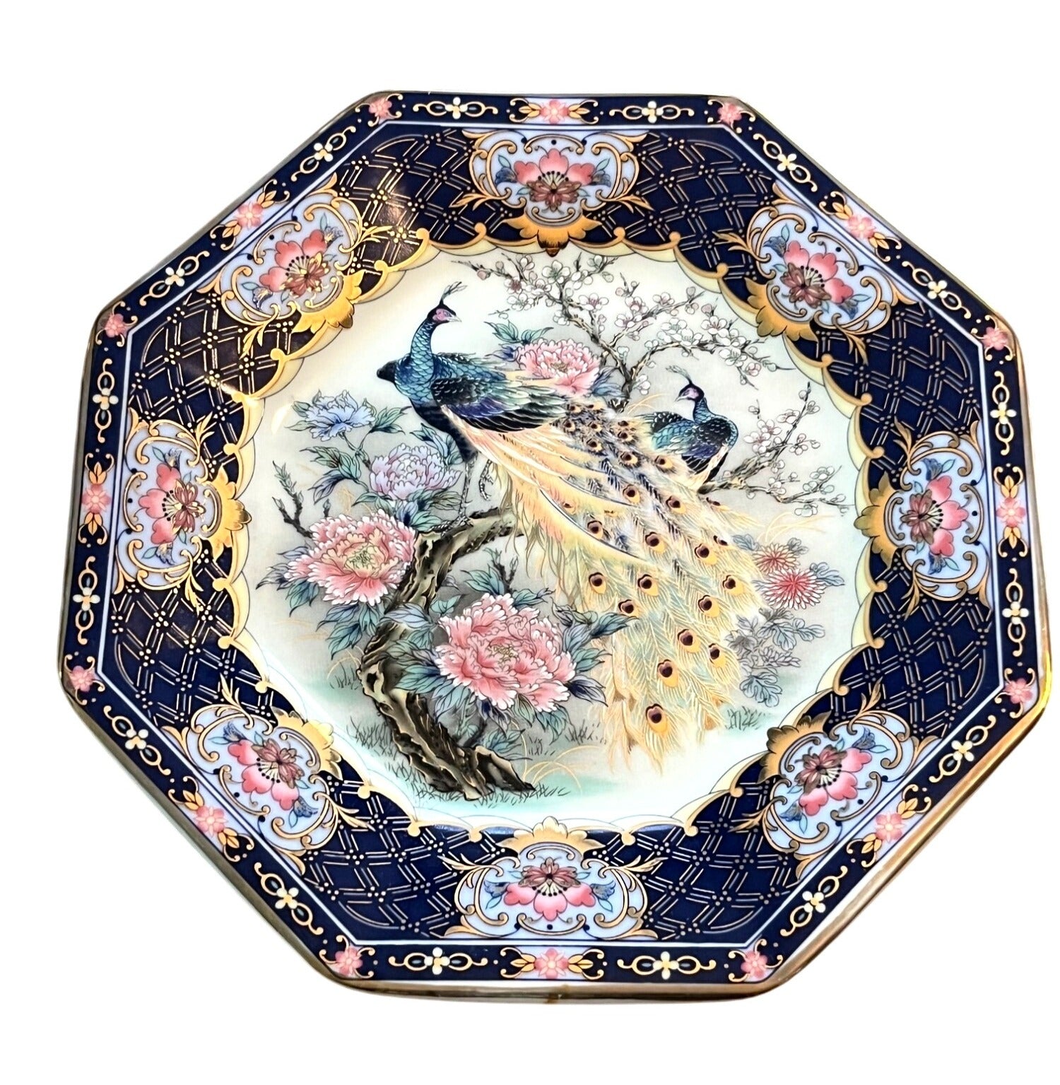 Japanese Seizan Gama Plate and Matching Trinket Box Octagon Shape w Peacocks and Flowers