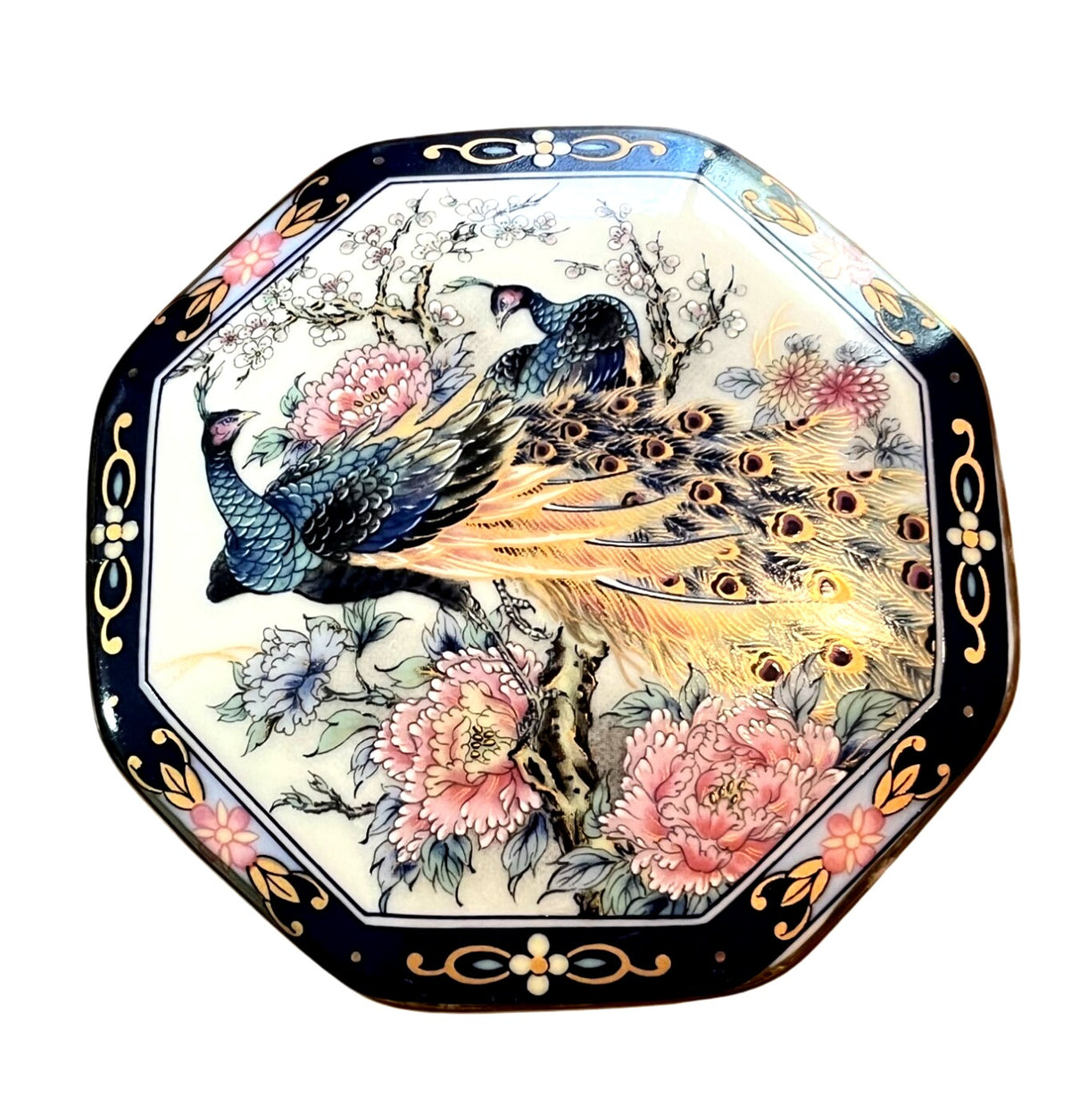 Japanese Seizan Gama Plate and Matching Trinket Box Octagon Shape w Peacocks and Flowers