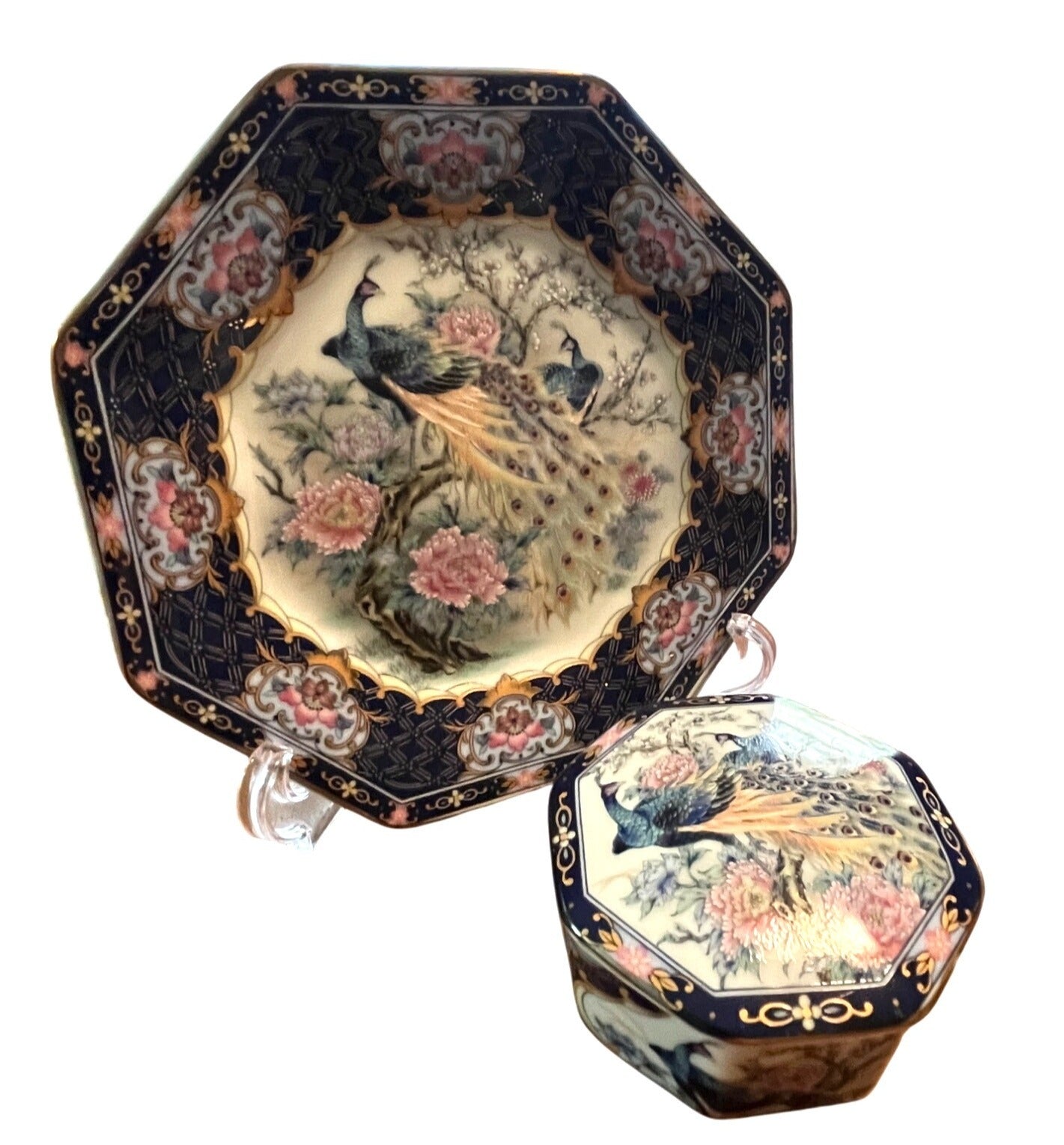 Japanese Seizan Gama Plate and Matching Trinket Box Octagon Shape w Peacocks and Flowers