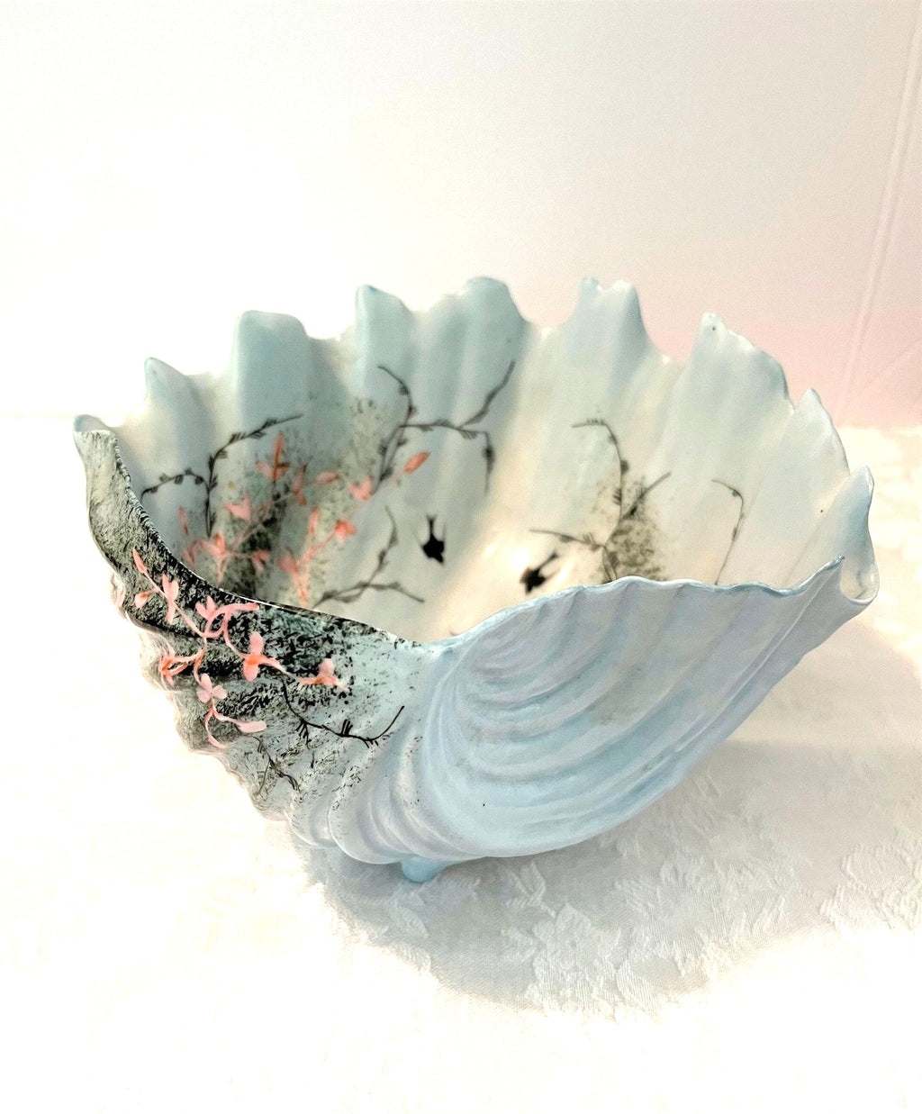 Porcelain Footed Shell Hand Painted Light Blue with Pink Flower Vines and Birds. Vintage  8" x 8" x 4.75" high