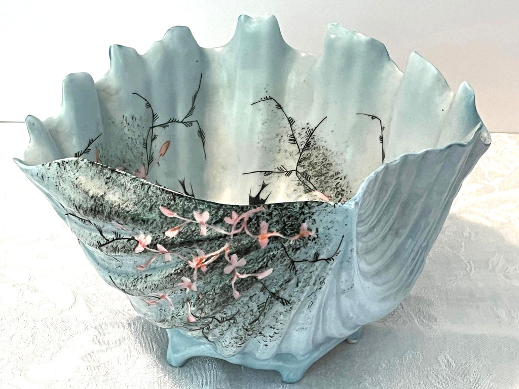 Porcelain Footed Shell Hand Painted Light Blue with Pink Flower Vines and Birds. Vintage  8" x 8" x 4.75" high