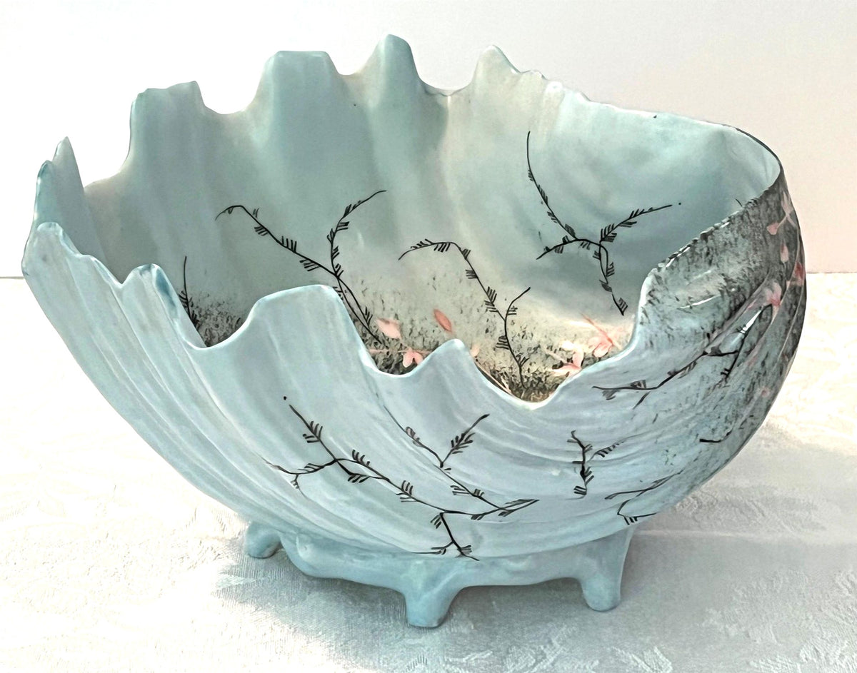Porcelain Footed Shell Hand Painted Light Blue with Pink Flower Vines and Birds. Vintage  8" x 8" x 4.75" high