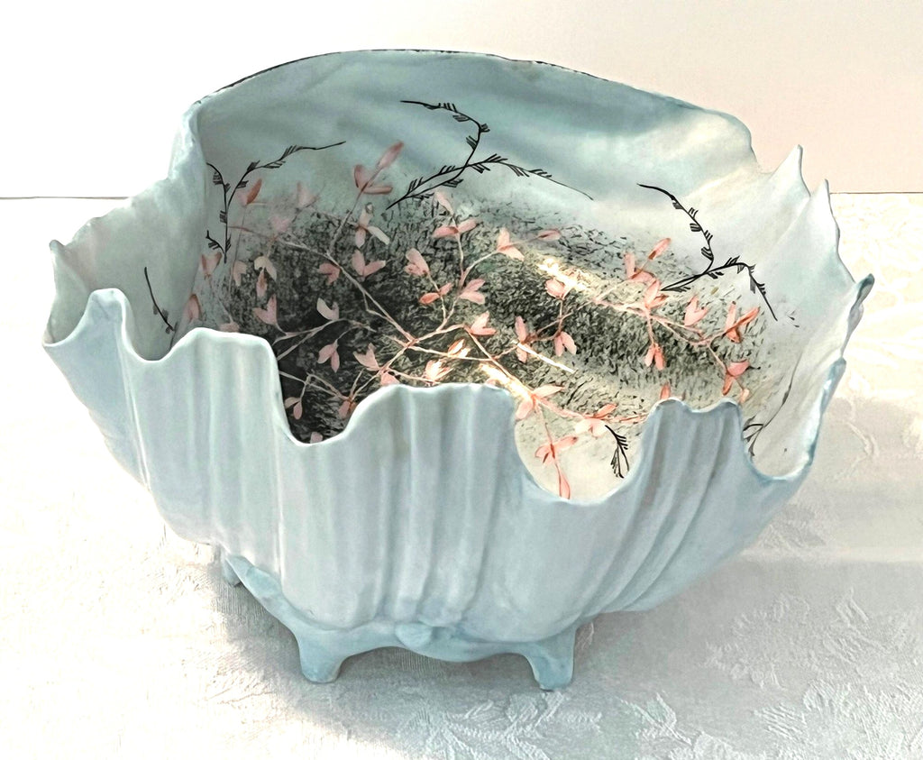 Porcelain Footed Shell Hand Painted Light Blue with Pink Flower Vines and Birds. Vintage  8" x 8" x 4.75" high