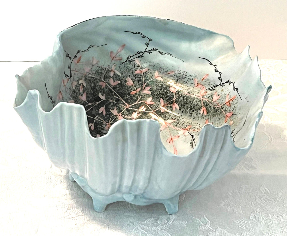 Porcelain Footed Shell Hand Painted Light Blue with Pink Flower Vines and Birds. Vintage  8" x 8" x 4.75" high