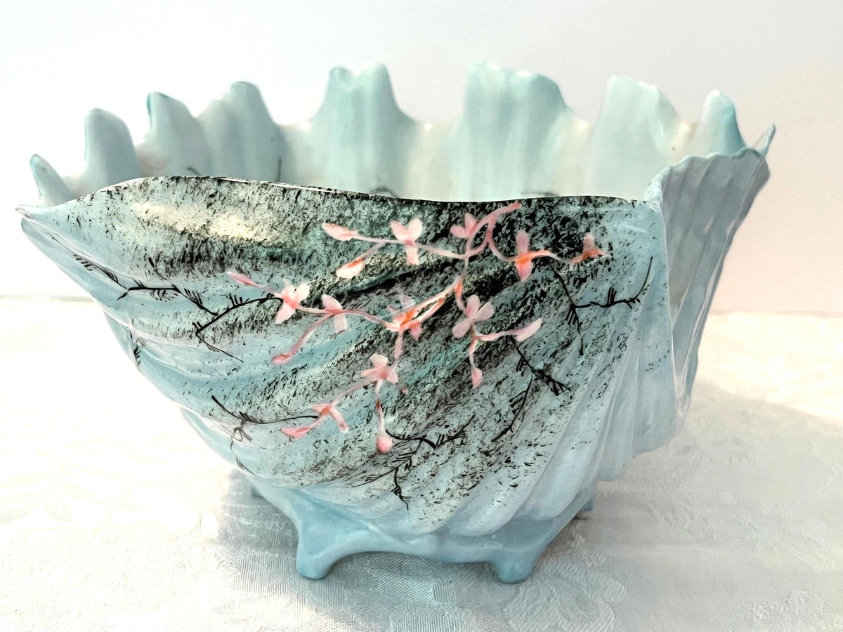 Porcelain Footed Shell Hand Painted Light Blue with Pink Flower Vines and Birds. Vintage  8" x 8" x 4.75" high