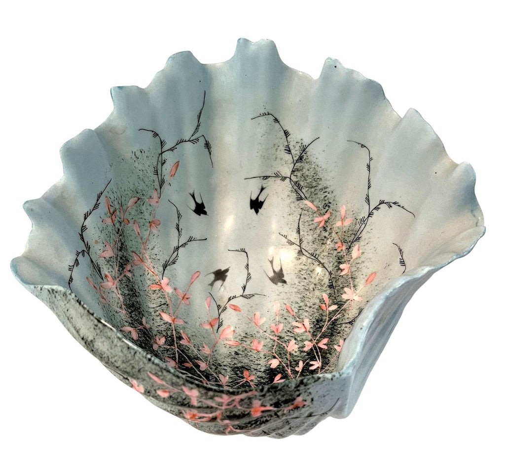 Porcelain Footed Shell Hand Painted Light Blue with Pink Flower Vines and Birds. Vintage  8" x 8" x 4.75" high
