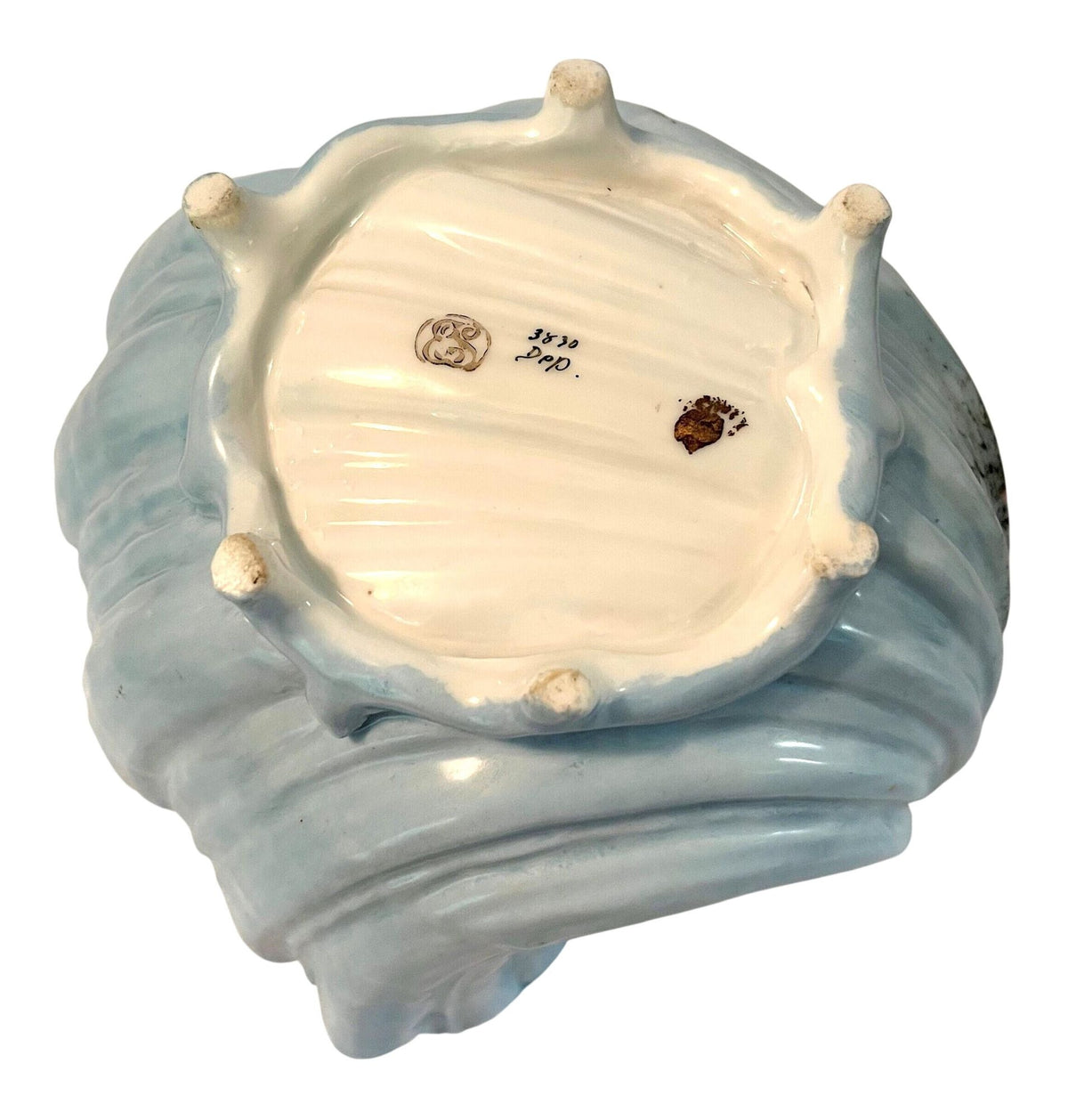 Porcelain Footed Shell Hand Painted Light Blue with Pink Flower Vines and Birds. Vintage  8" x 8" x 4.75" high