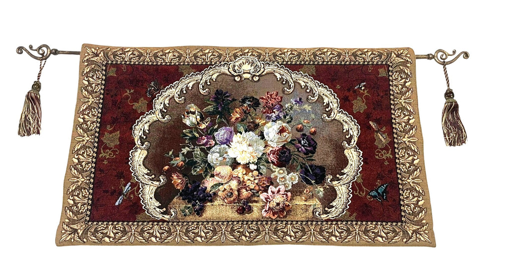 Dutch Floral Wall Tapestry With Tassels 45" X 27" Red & Gold By Mohawk Home with Rod and Tassels