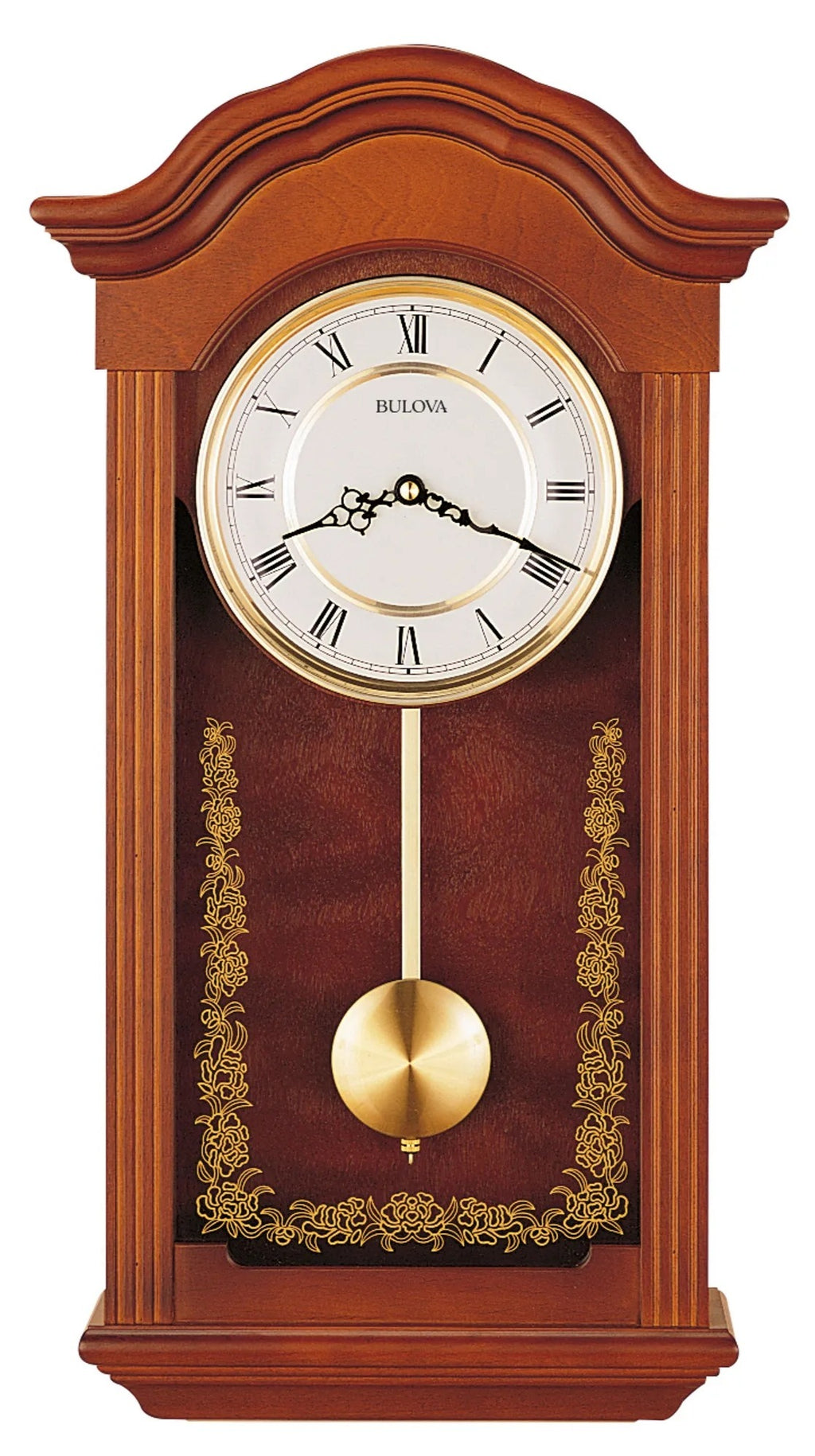 Bulova Baronet Wooden Pendulum Wall Clock Vienna-style Dial Battery Chime Settings 22.5" high 12" wide