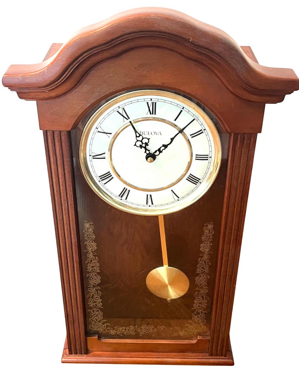 Bulova Baronet Wooden Pendulum Wall Clock Vienna-style Dial Battery Chime Settings 22.5" high 12" wide