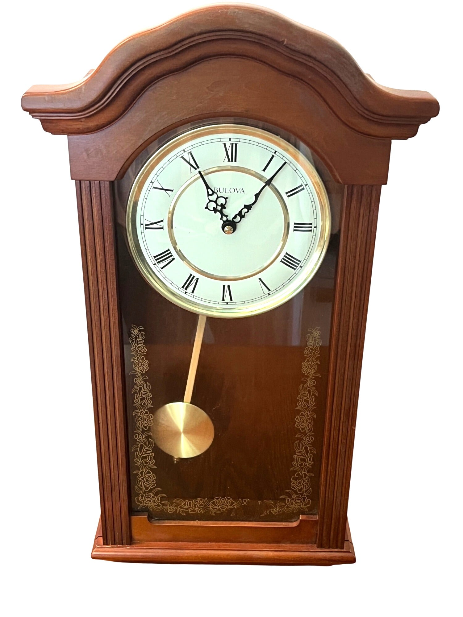 Bulova Baronet Wooden Pendulum Wall Clock Vienna-style Dial Battery Chime Settings 22.5" high 12" wide