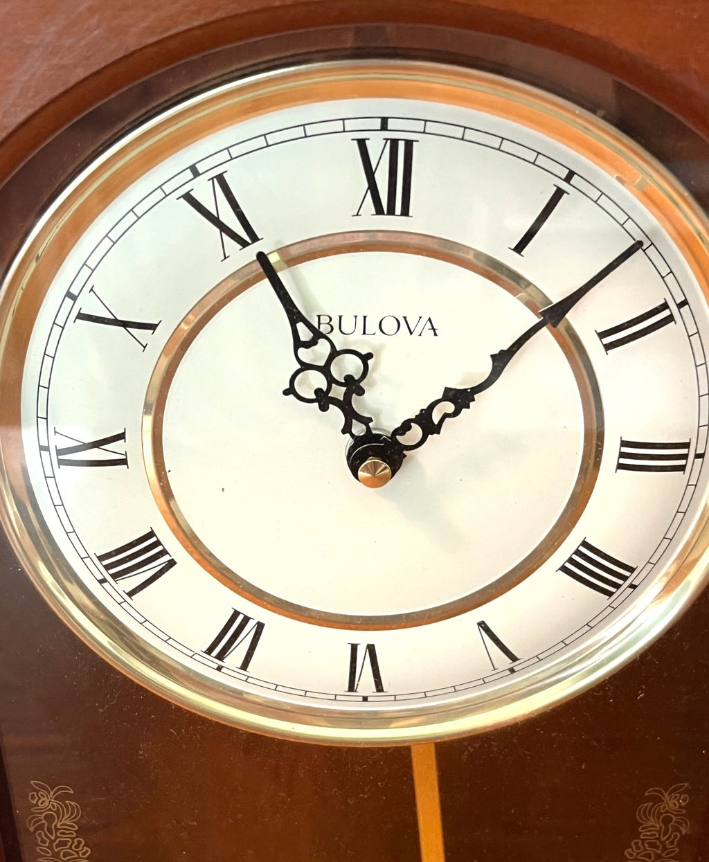 Bulova Baronet Wooden Pendulum Wall Clock Vienna-style Dial Battery Chime Settings 22.5" high 12" wide