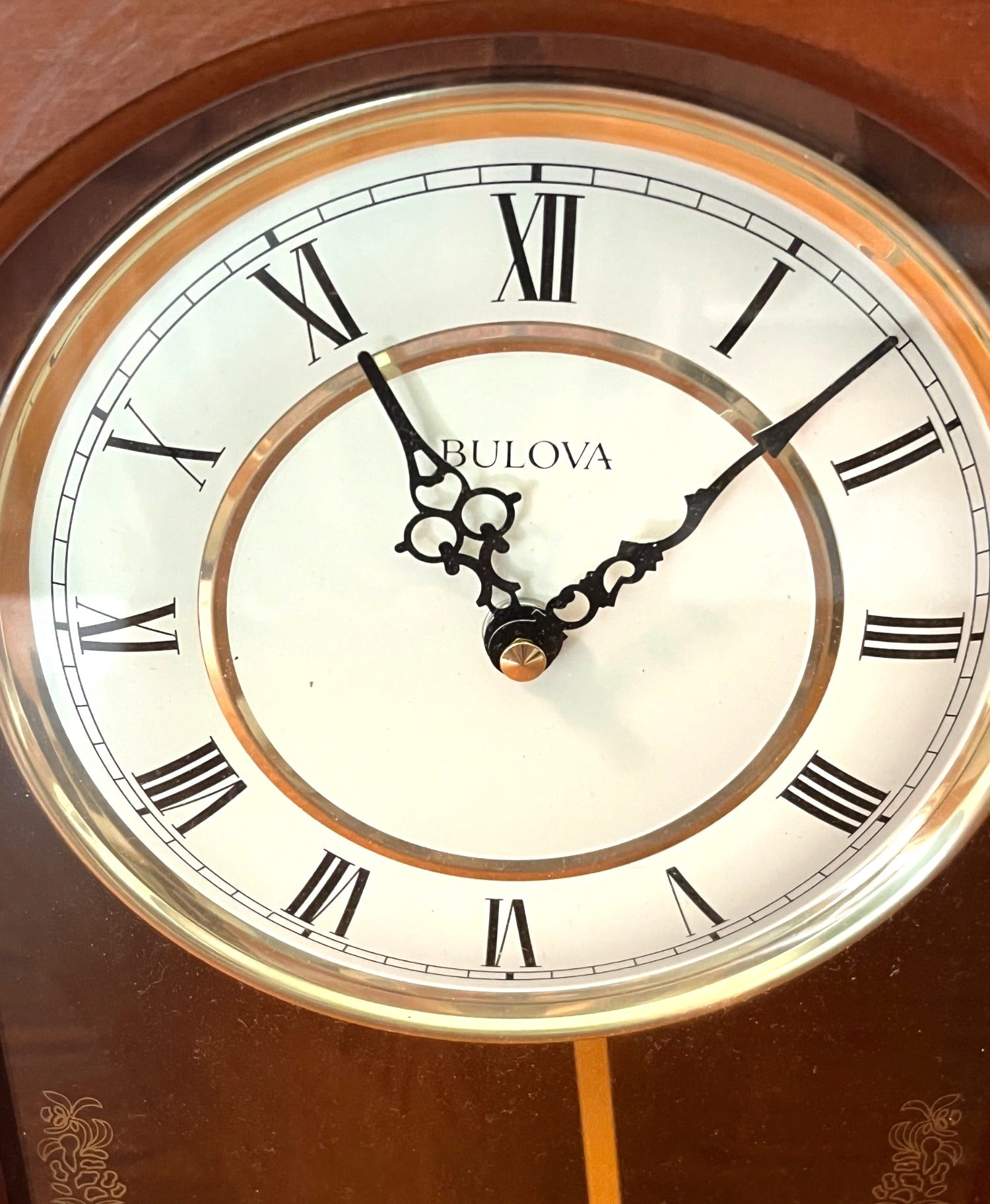 Bulova Baronet Wooden Pendulum Wall Clock Vienna-style Dial Battery Chime Settings 22.5" high 12" wide