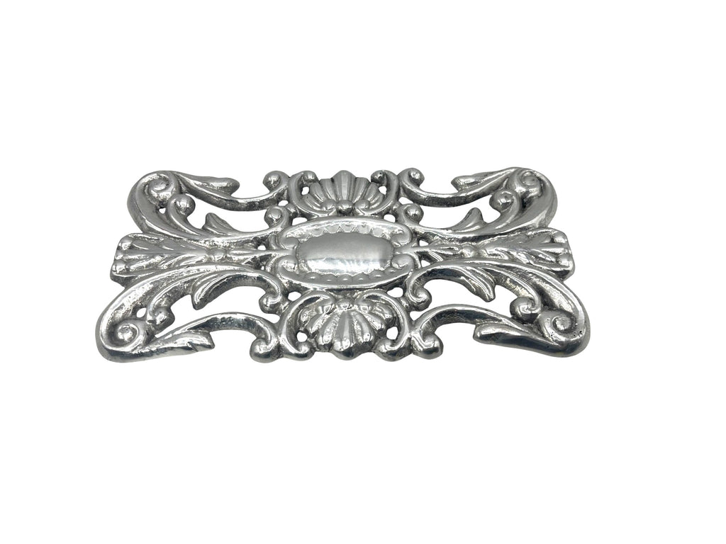 Decorative Silver Cast Metal Trivet With Ornate Scrollwork Design 9.5" x 4.75"