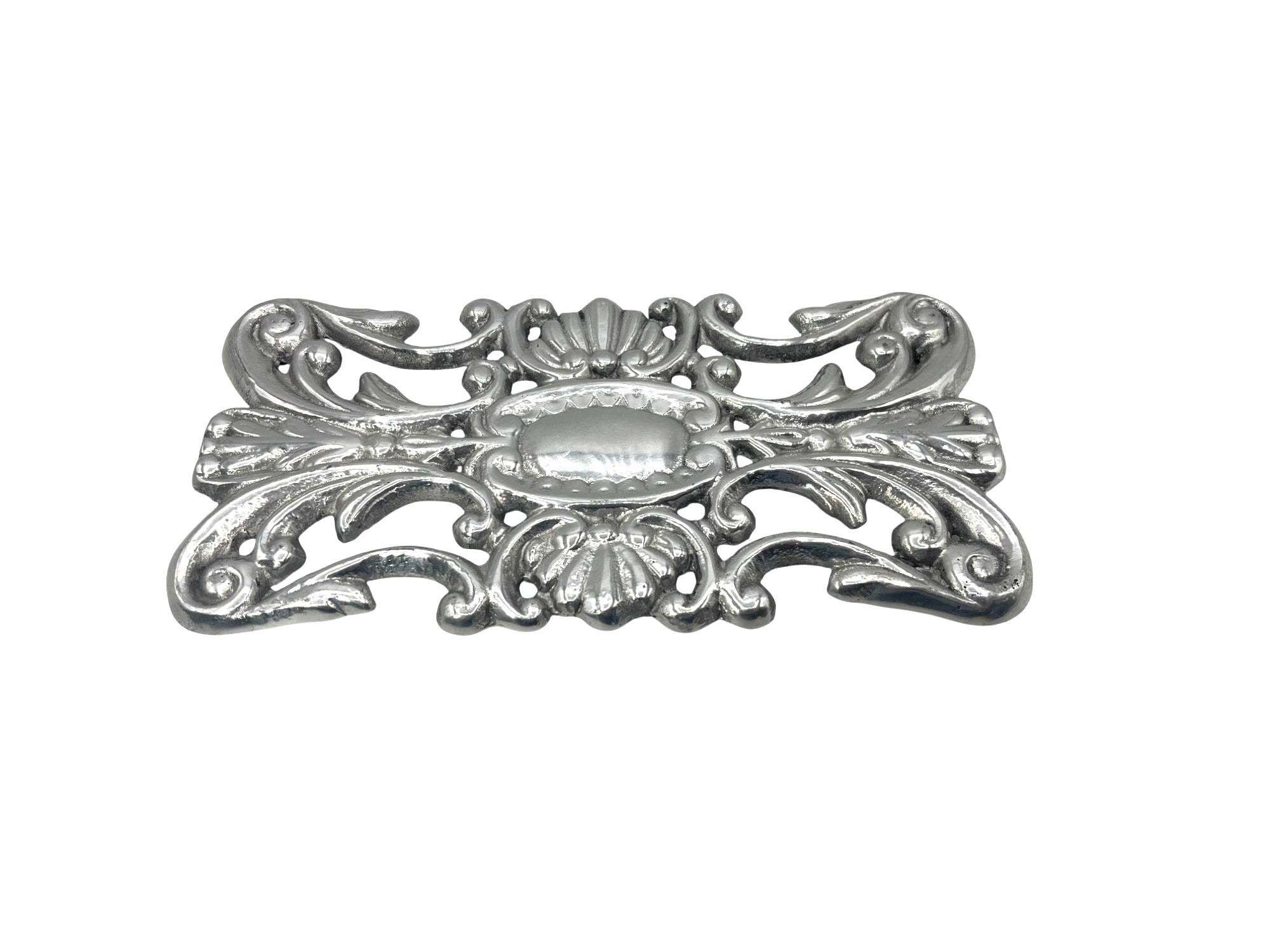 Decorative Silver Cast Metal Trivet With Ornate Scrollwork Design 9.5" x 4.75"