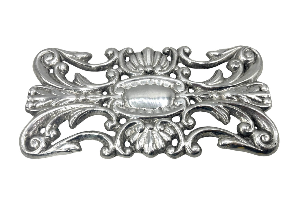 Decorative Silver Cast Metal Trivet With Ornate Scrollwork Design 9.5" x 4.75"