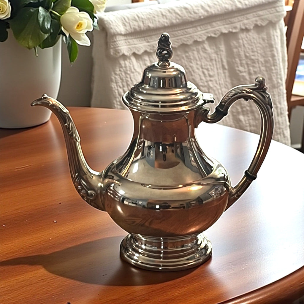 Vintage Silver-Plated Oneida Seacrest Coffee/Teapot With Ornate Handle Spout and Filial Design 10" tall