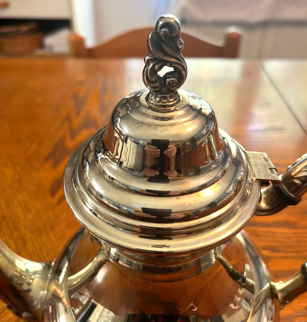 Vintage Silver-Plated Oneida Seacrest Coffee/Teapot With Ornate Handle Spout and Filial Design 10" tall