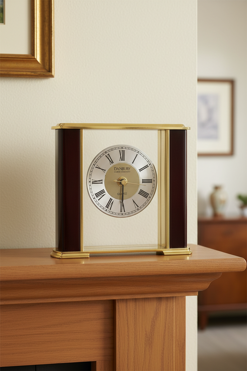 Danbury Brass & Mahogany Quartz Mantel Clock, Vintage Shelf Decor