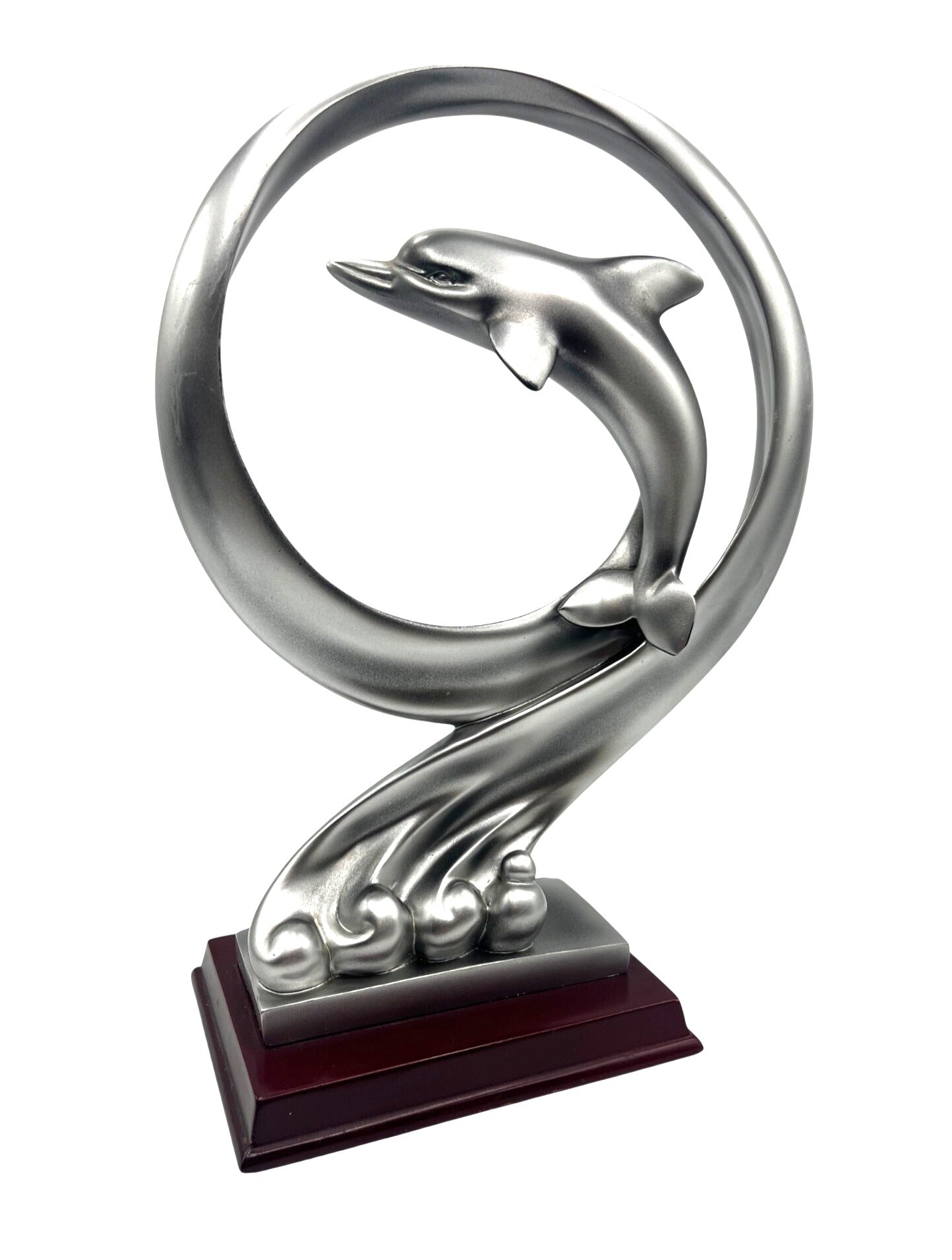 Silver Tone Dolphin Sculpture With Wooden Base By Herco Enterprise Inc. Elegant Design For Home Or Office Decor 12" tall