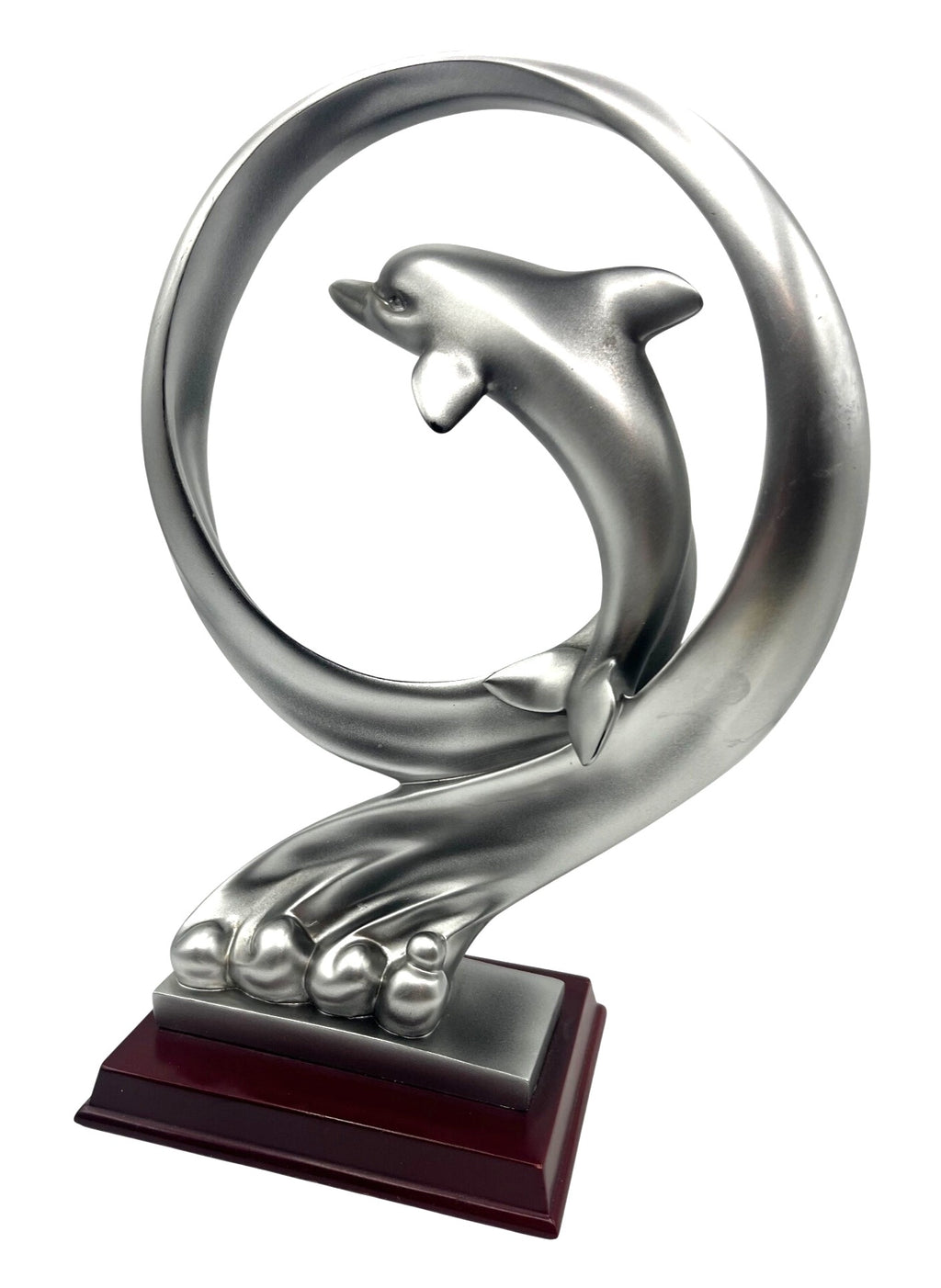 Silver Tone Dolphin Sculpture With Wooden Base By Herco Enterprise Inc. Elegant Design For Home Or Office Decor 12" tall