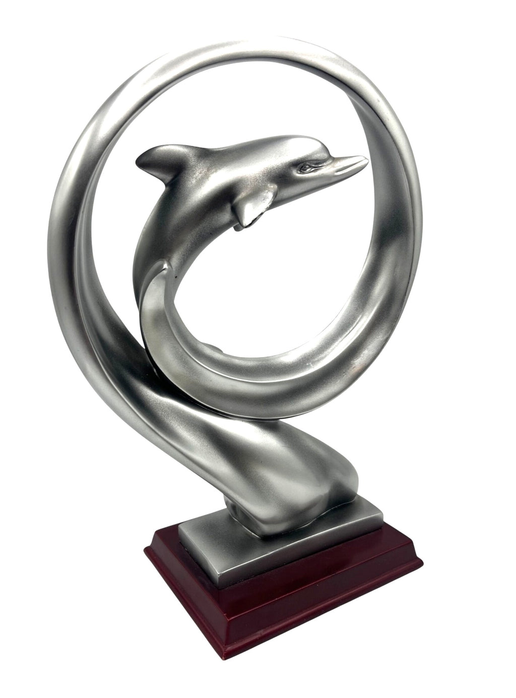 Silver Tone Dolphin Sculpture With Wooden Base By Herco Enterprise Inc. Elegant Design For Home Or Office Decor 12" tall