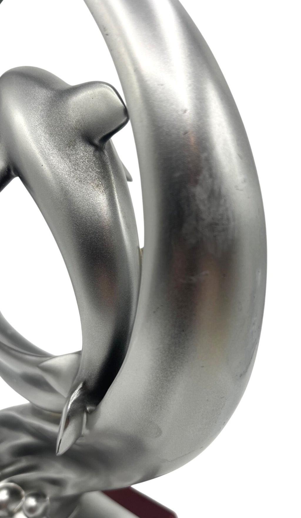 Silver Tone Dolphin Sculpture With Wooden Base By Herco Enterprise Inc. Elegant Design For Home Or Office Decor 12" tall