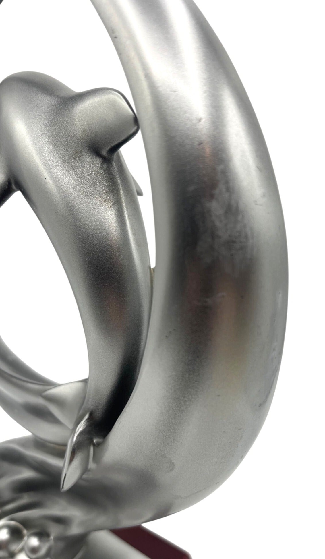 Silver Tone Dolphin Sculpture With Wooden Base By Herco Enterprise Inc. Elegant Design For Home Or Office Decor 12" tall