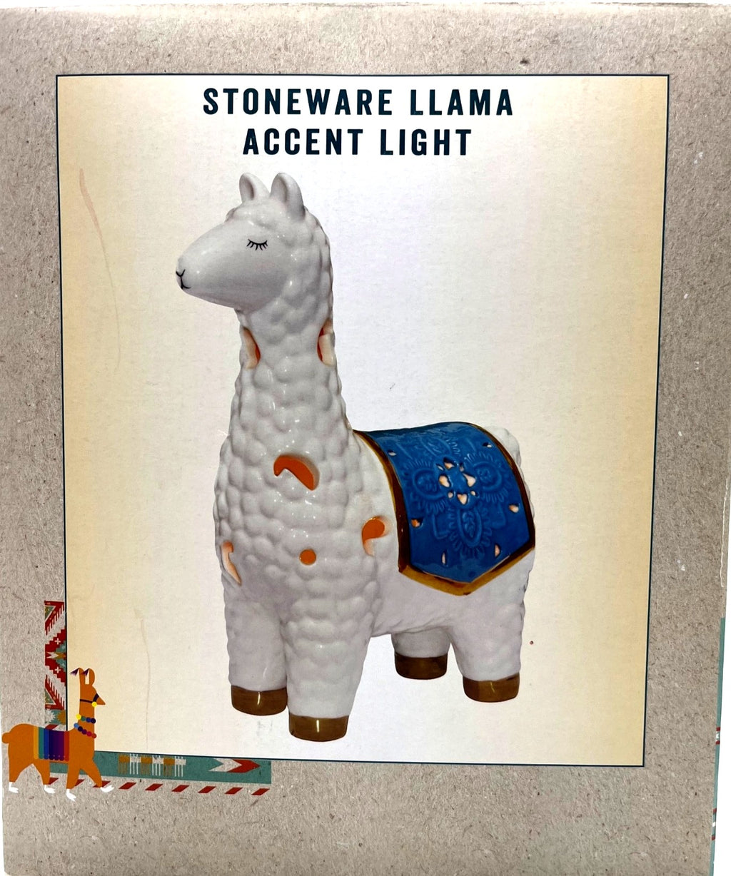 Ceramic Llama-Shaped Electric Accent Night Light With Gold Accents & Blue Saddle Design Illuminated Cutouts 9.5" tall