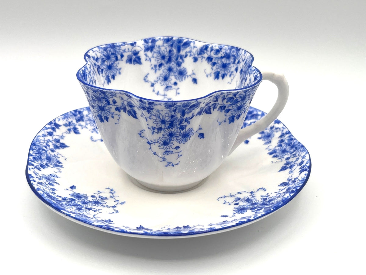 Shelley England Dainty Blue Fine Bone China Teacup & Saucer Set Floral Pattern Scalloped Edge Collectible China Set