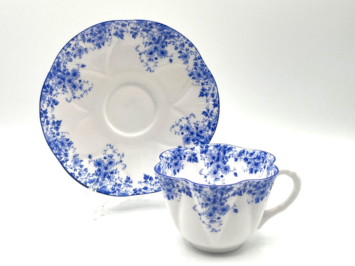 Shelley England Dainty Blue Fine Bone China Teacup & Saucer Set Floral Pattern Scalloped Edge Collectible China Set