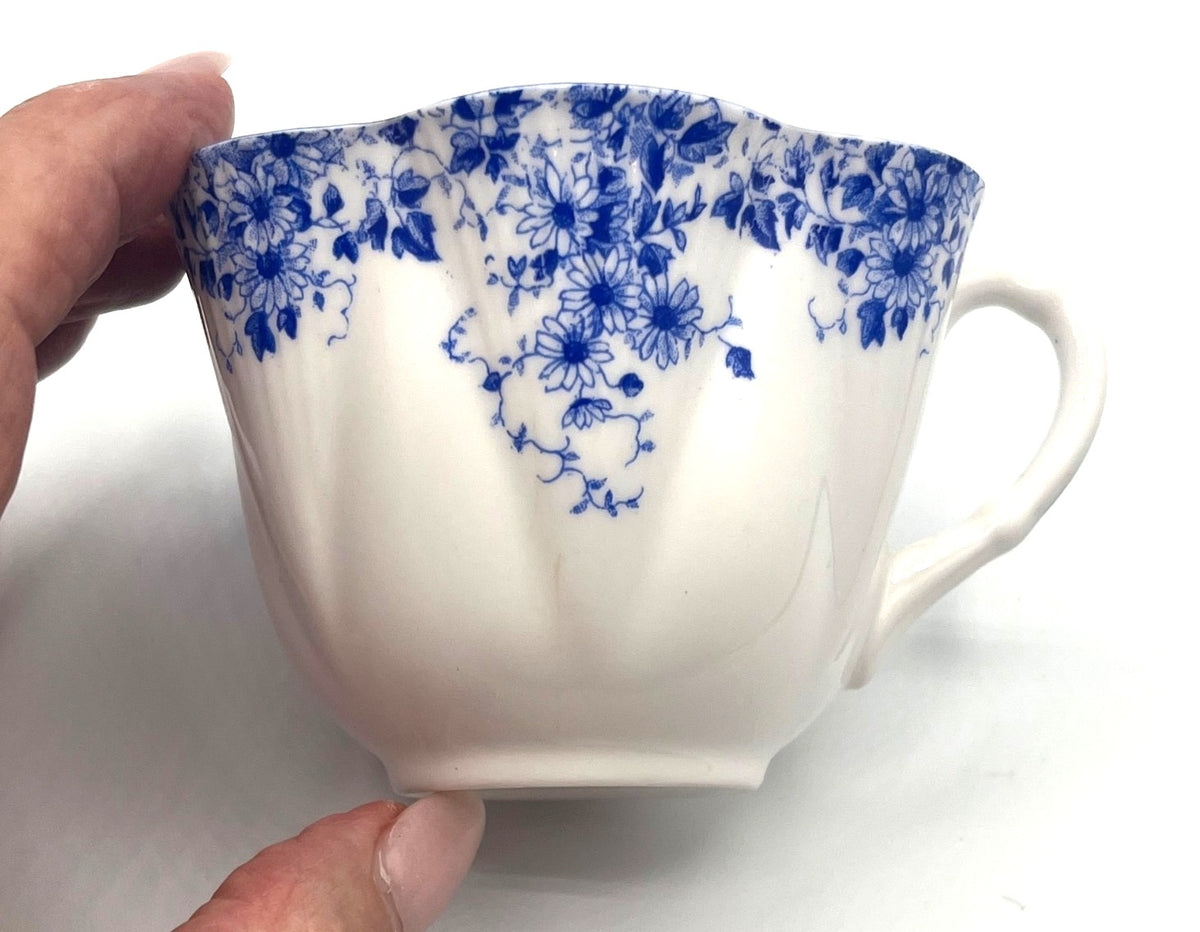 Shelley England Dainty Blue Fine Bone China Teacup & Saucer Set Floral Pattern Scalloped Edge Collectible China Set