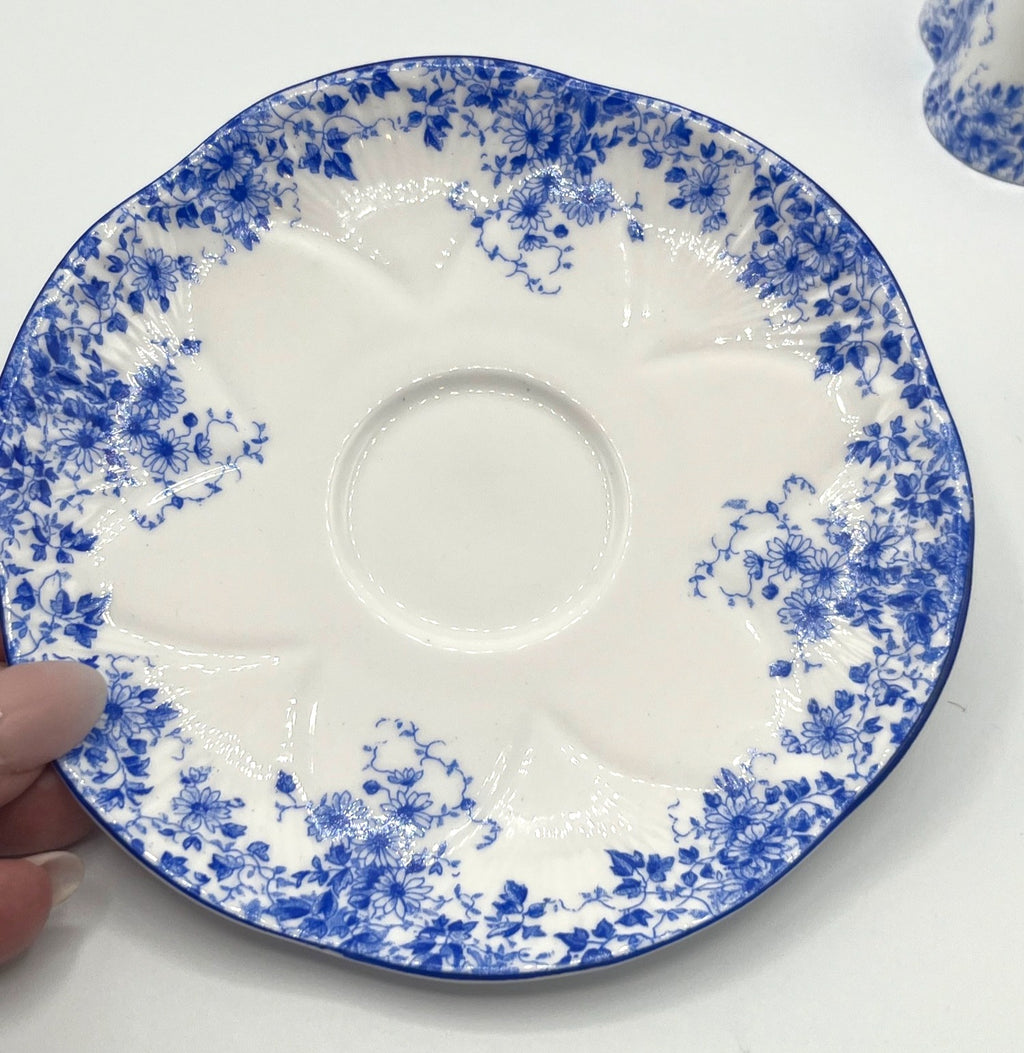 Shelley England Dainty Blue Fine Bone China Teacup & Saucer Set Floral Pattern Scalloped Edge Collectible China Set