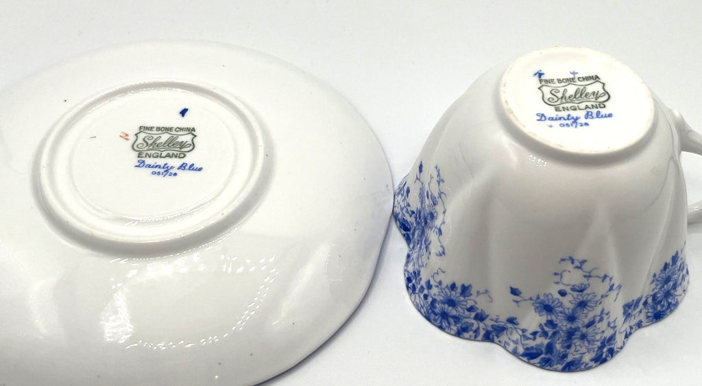 Shelley England Dainty Blue Fine Bone China Teacup & Saucer Set Floral Pattern Scalloped Edge Collectible China Set