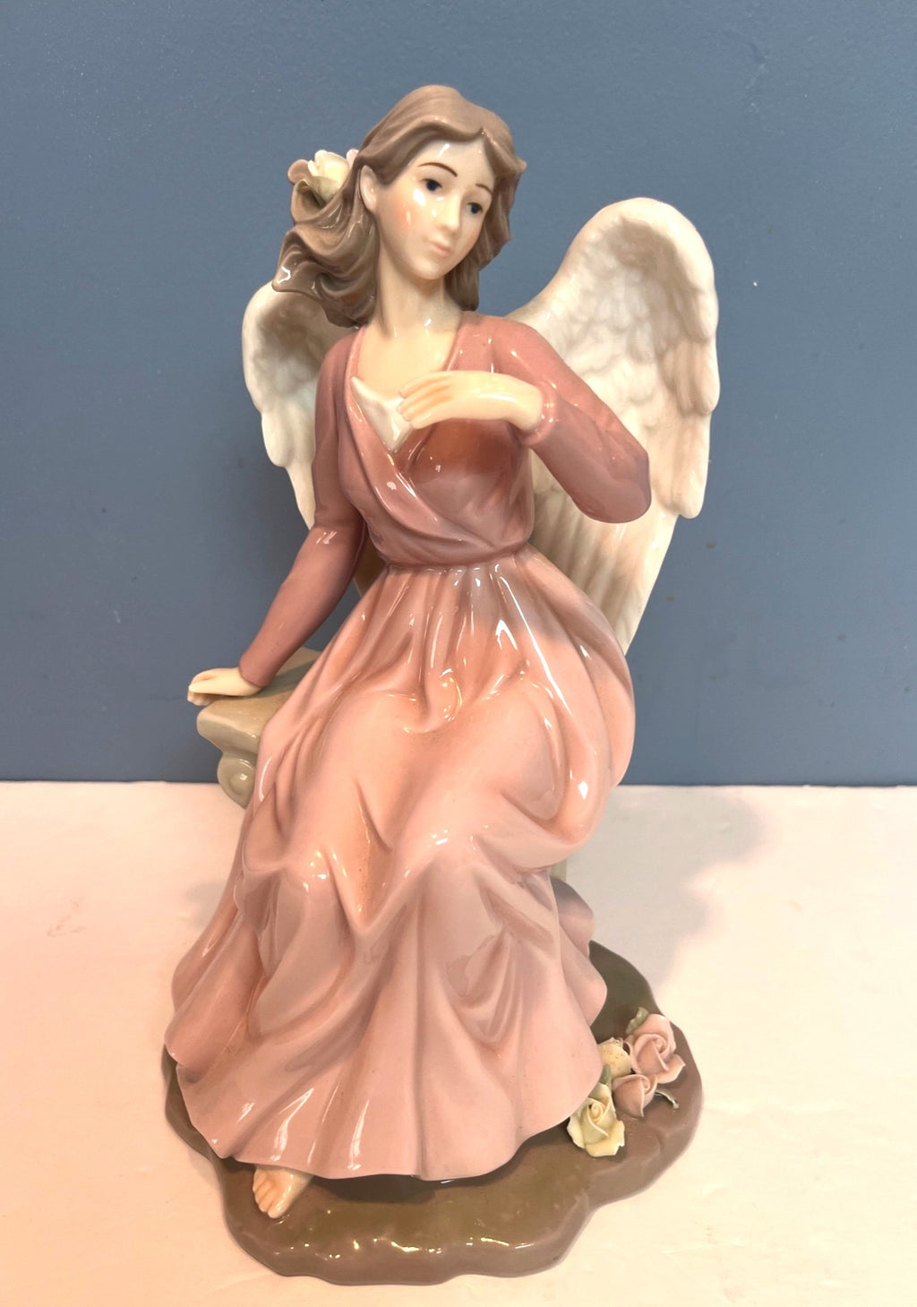 Porcelain Angel Figurine With Pink Dress White Wings Sculptured Roses Sitting On Bench w Decorative Base