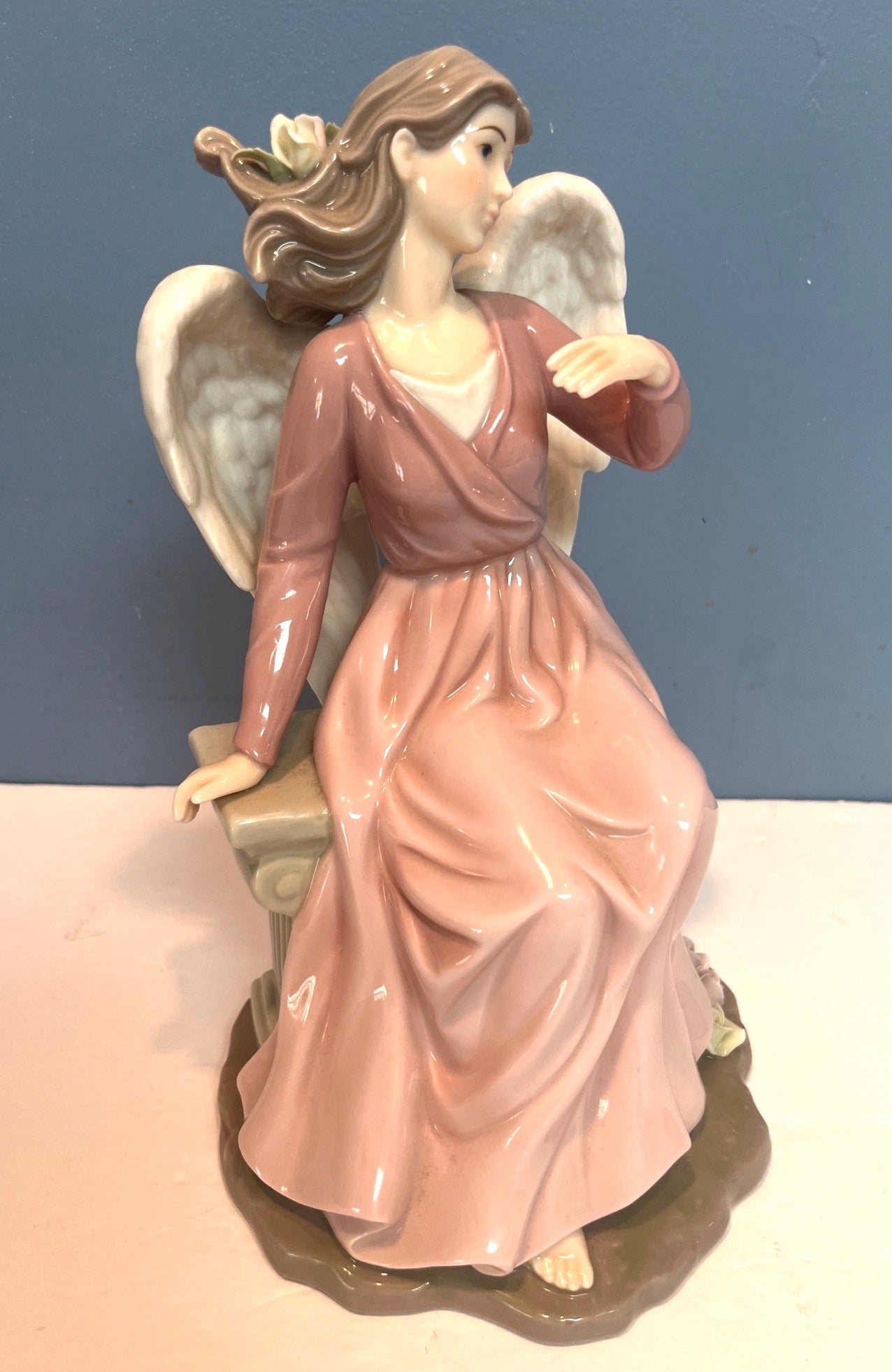 Porcelain Angel Figurine With Pink Dress White Wings Sculptured Roses Sitting On Bench w Decorative Base