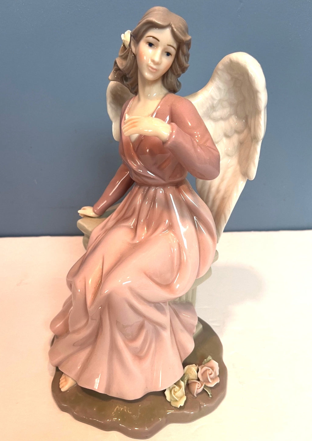 Porcelain Angel Figurine With Pink Dress White Wings Sculptured Roses Sitting On Bench w Decorative Base