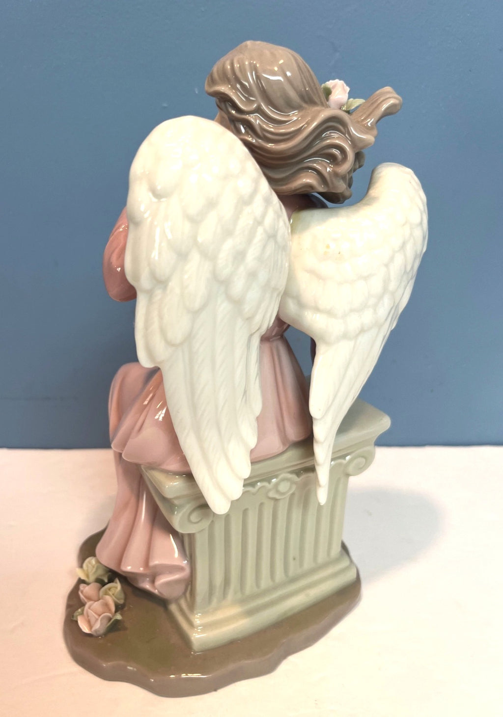 Porcelain Angel Figurine With Pink Dress White Wings Sculptured Roses Sitting On Bench w Decorative Base