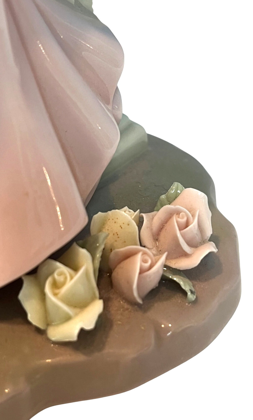 Porcelain Angel Figurine With Pink Dress White Wings Sculptured Roses Sitting On Bench w Decorative Base