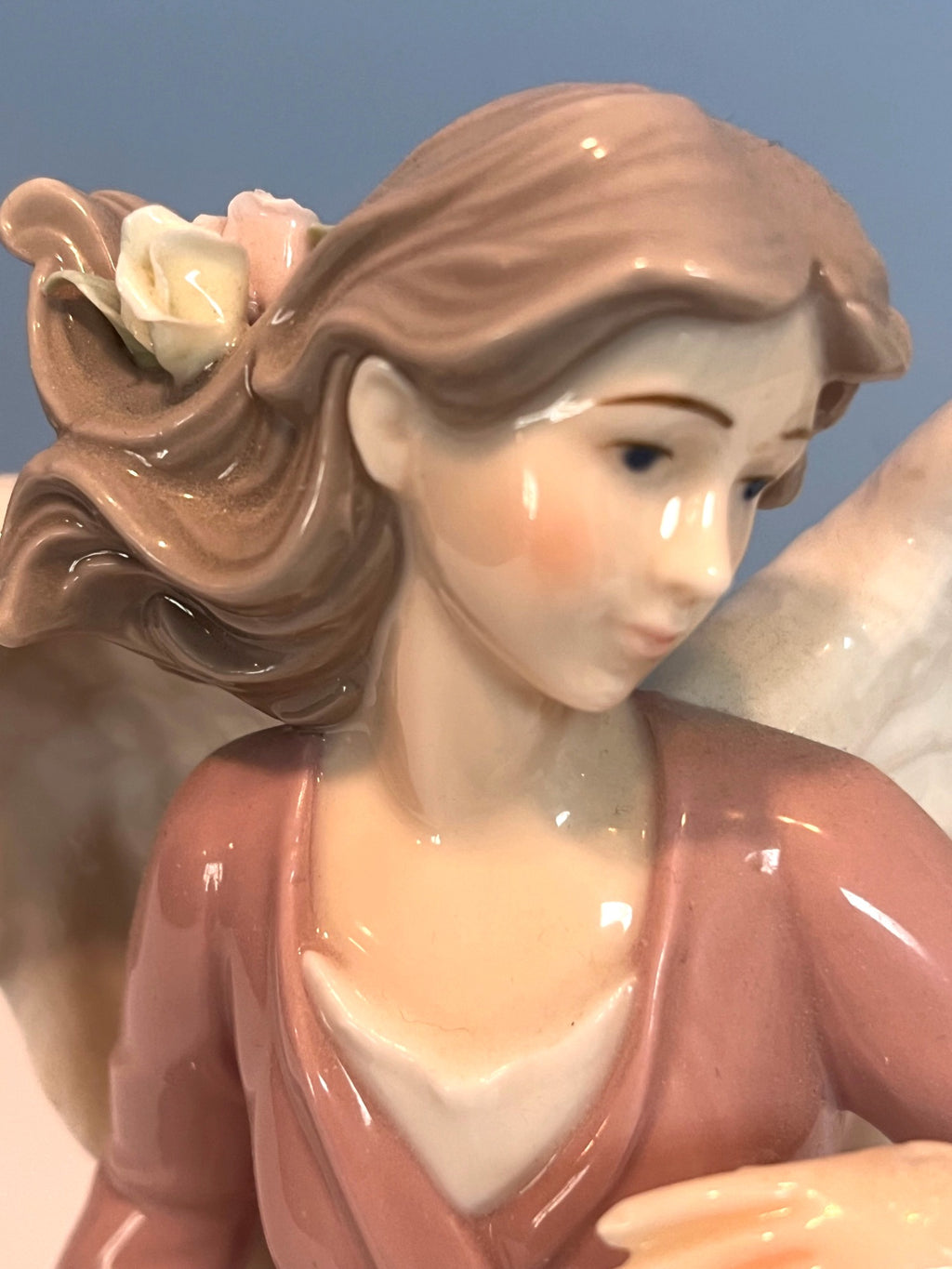 Porcelain Angel Figurine With Pink Dress White Wings Sculptured Roses Sitting On Bench w Decorative Base