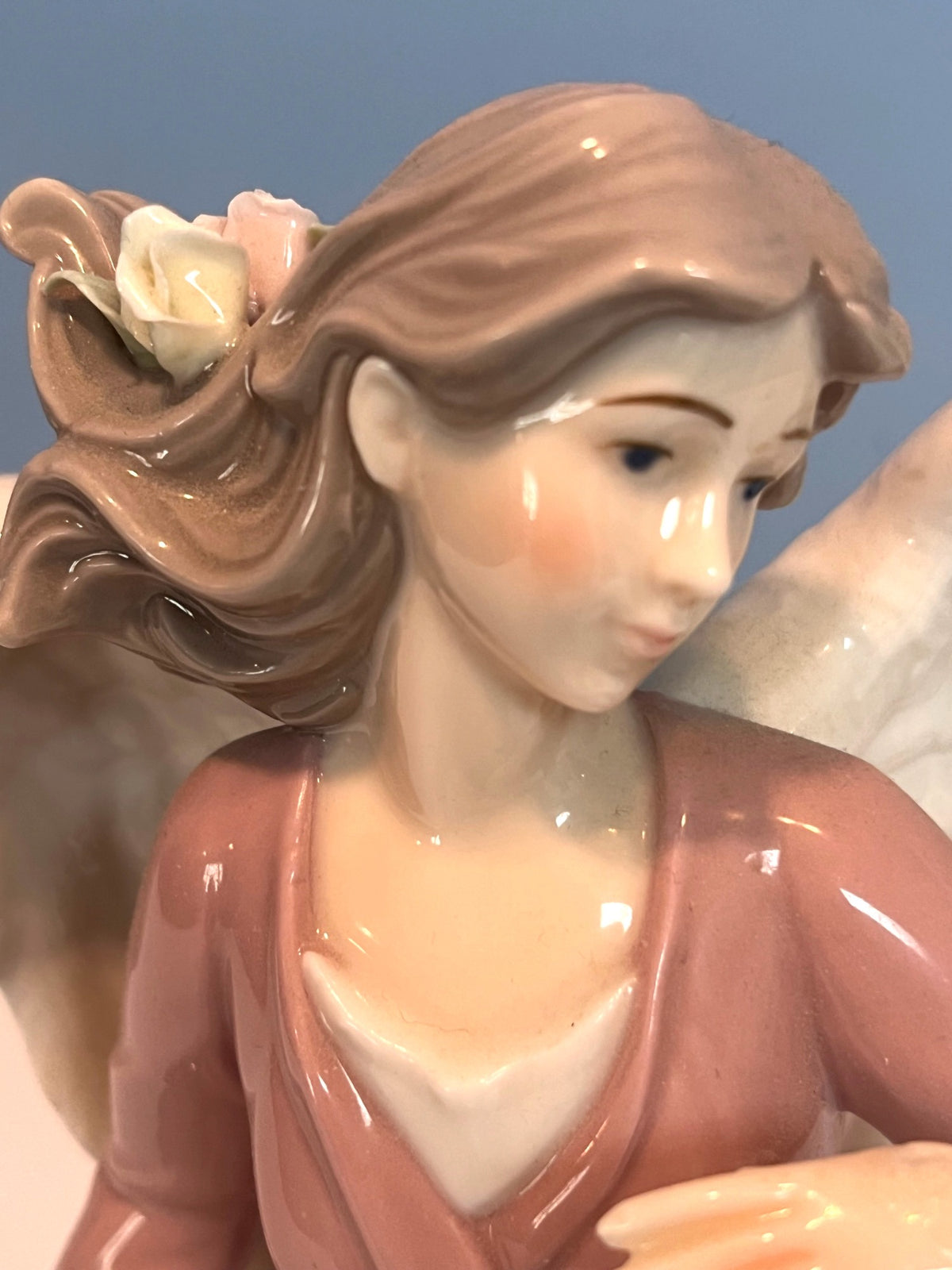 Porcelain Angel Figurine With Pink Dress White Wings Sculptured Roses Sitting On Bench w Decorative Base