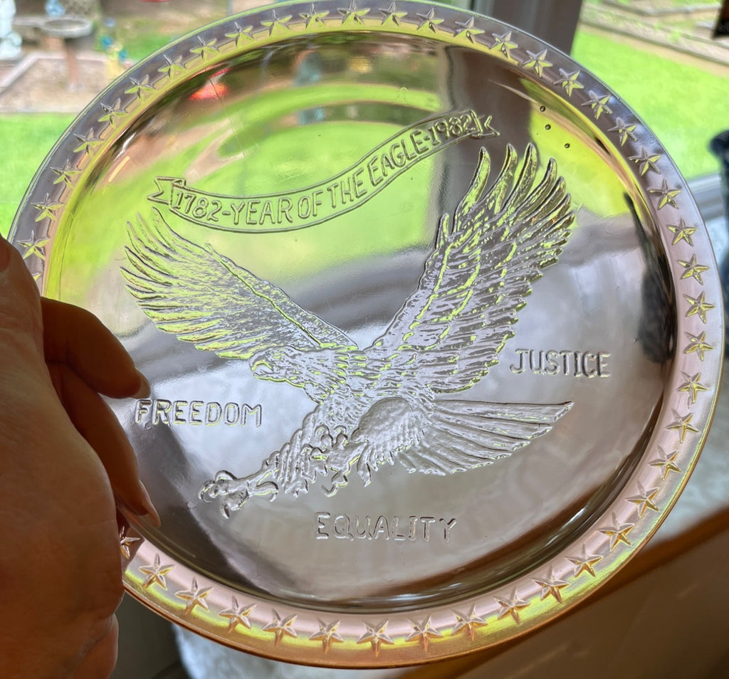 Vintage 1782 1982 Year of the Eagle Commemorative 8" Glass Plate With Star Border Freedom Justice Equality Design Pink Indiana Glass